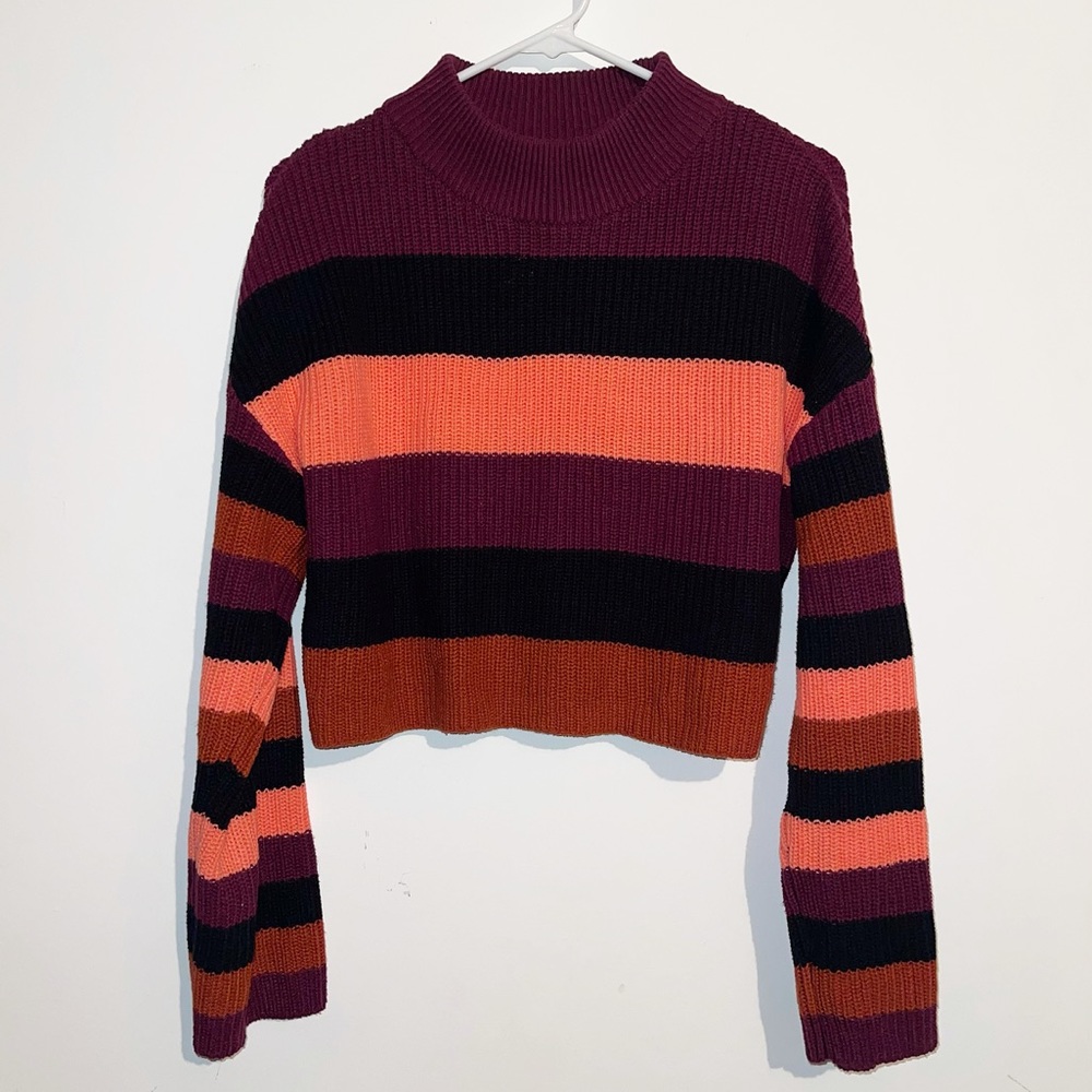 Striped Cropped Mock-Neck Sweater in Plum and Peach